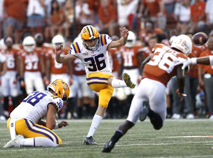 LSU kicker Cade York kicking field goal against Texas